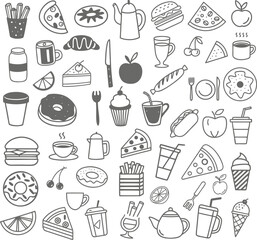 Hand Drawn Food and Drink Doodle Icon Set – Vector Illustrations of Fast Food, Snacks, Coffee, Tea, Desserts, Fruits, and Kitchen Elements for Menus, Blogs, Planners, and Creative Projects