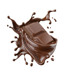 chocolate pieces falling on chocolate sauce with clipping path 3d illustration.