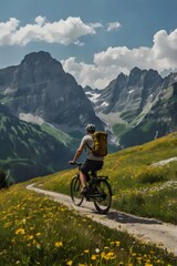 Fototapeta premium A man is riding a bicycle on a trail in the mountains