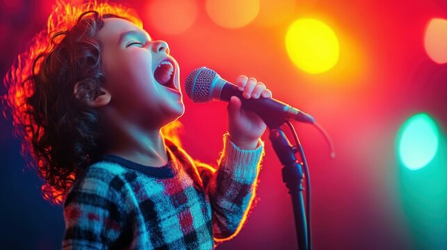 A child with bright eyes passionately sings into a microphone, showcasing raw talent on a vibrant stage.