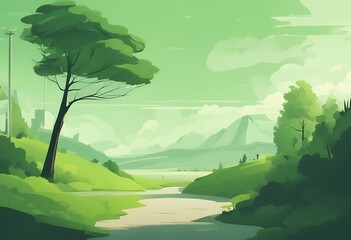 green flat illustration design landscape nature minimalistic made art poster hill simple modern muted scenery calming forest calm mist abstract graphic geometric mountain print postcard travel