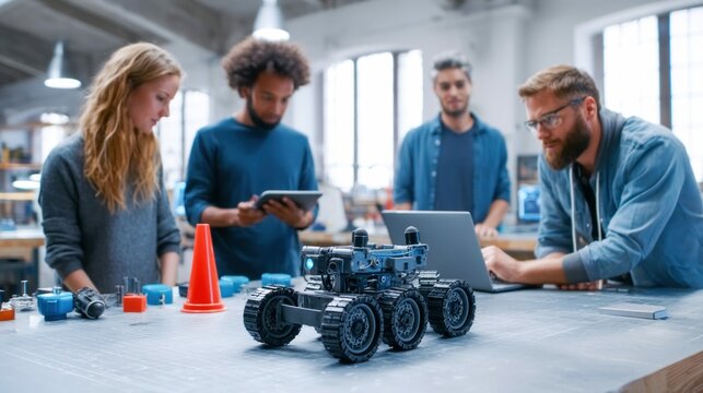 A group of engineers discusses a robot prototype in their workshop, brainstorming ideas and solutions.