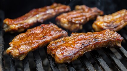 closeup of delectable pork ribs sizzling on a barbeque grill showcasing succulent meat and rich caramelized glaze perfect for summertime dining