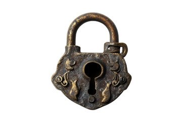 Antique ornate padlock aged bronze detailed carvings keyhole isolated white background isolated on transparent background