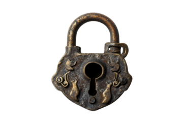 Antique ornate padlock aged bronze detailed carvings keyhole isolated white background isolated on transparent background