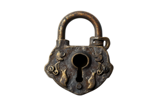 Antique ornate padlock aged bronze detailed carvings keyhole isolated white background isolated on transparent background