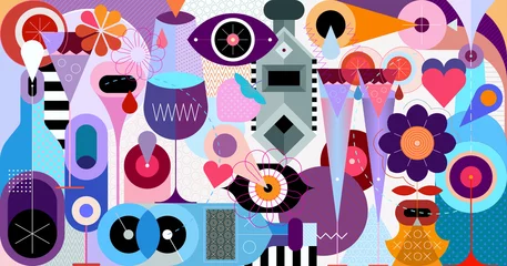 Fotobehang Composition of cocktails, lemonades, glasses, bottles, abstract shapes and patterns. Graphic illustration, cocktail party poster design. ©  danjazzia