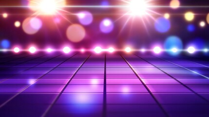 Purple Disco Stage with Bright Lights and Glowing Tiles Nightclub Background