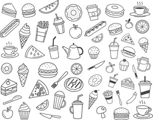 Hand Drawn Food and Drink Doodle Icon Set – Vector Illustrations of Fast Food, Snacks, Coffee, Tea, Desserts, Fruits, and Kitchen Elements for Menus, Blogs, Planners, and Creative Projects