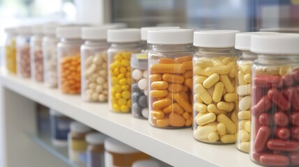 Assorted pills in glass jars on pharmacy shelves