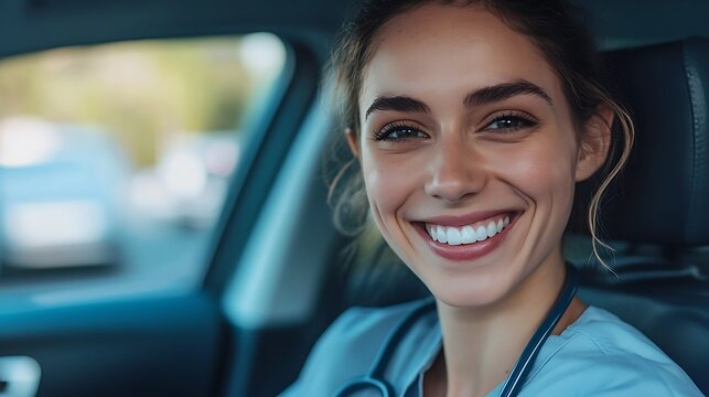 young adult female nurse leaving work and getting in her car with a smile creating a healthcare and medical concept of commute and workday completion