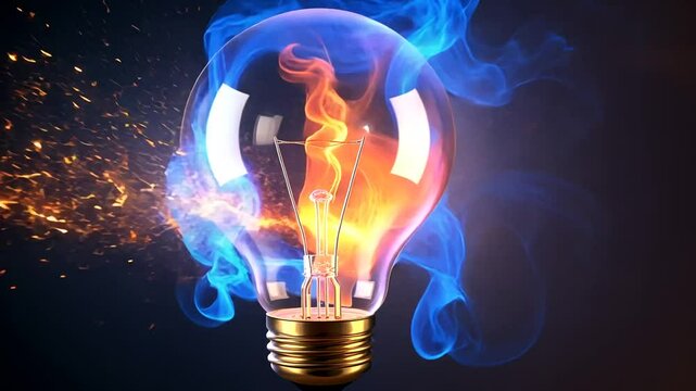 Gl&uuml;hbirne mit blauer und oranger Flamme vereint