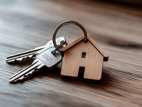 Llaves de casa con llavero de madera en forma de casa	