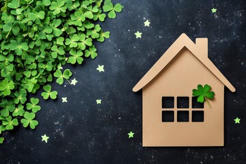 Naklejka premium Cardboard House with Shamrock and Clovers Celebrating St Patricks Day
