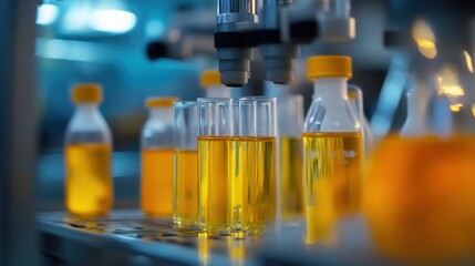 Automated bottling line filling clear glass bottles with golden liquid