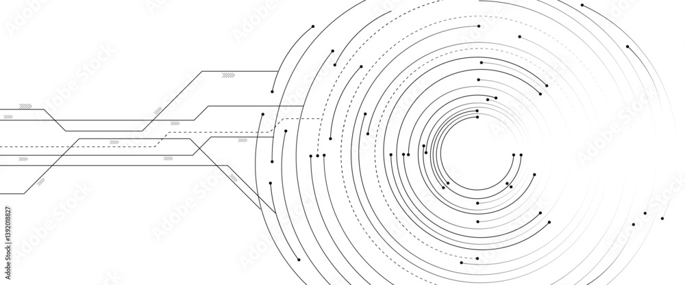 Poster vector futuristic technology background with white circle circuit wires on light blue motherboard.
