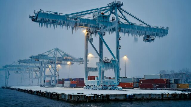 Majestic seaport winter scene: icy crane over shipping containers in snowy harbor at dusk symbolising global international trade crisis