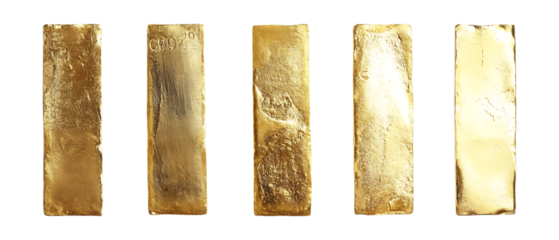 Pack of Gold Bar set of Five Different Poses set Against Transparent Background for Luxury Branding, Investment Marketing, or Financial Design Projects