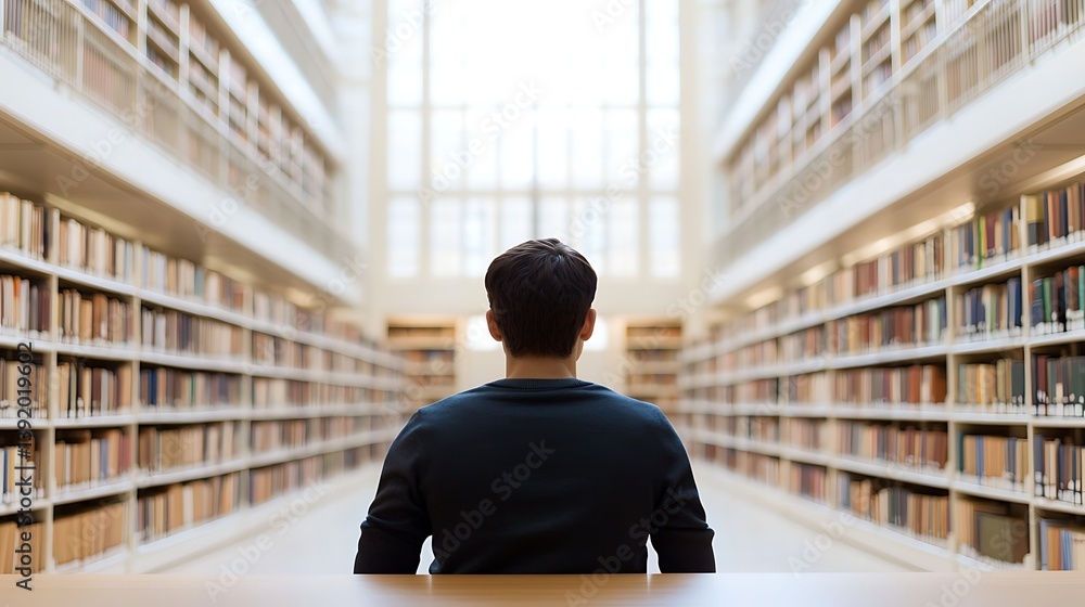 Poster a person sits at a table in a library, surrounded by tall shelves filled with books, creating a tran
