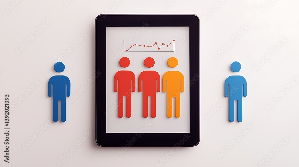 Poster a vibrant illustration of figures around a tablet displaying a growth chart, symbolizing teamwork an