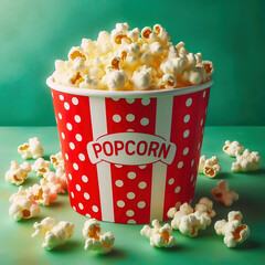 Red popcorn cup with white dots, golden popcorn, on a green background. Cinema