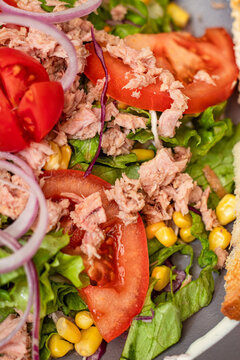 Canned tuna salad with letuce and fresh vegetables, top view