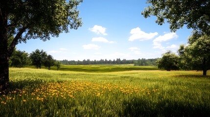 Fototapeta premium Sunlit Meadow Landscape Golden Flowers Lush Grass Summer Day