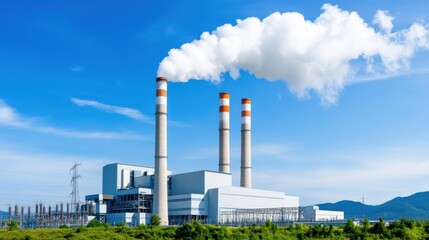 Obraz premium Smokestacks Emitting White Clouds Against Clear Blue Sky in an Industrial Power Plant Landscape