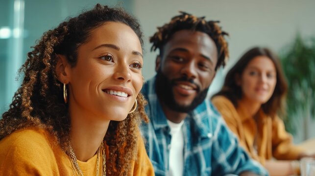 Smiling colleagues collaborate in a well-lit office setting, promoting unity and teamwork.