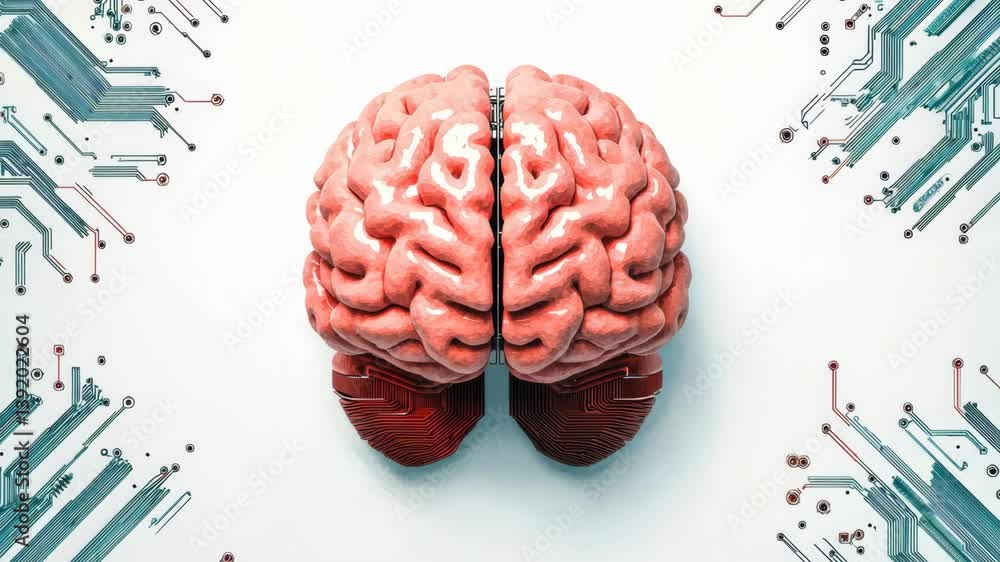 Poster brain with circuit patterns, white isolate background