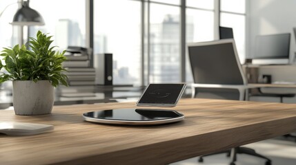 Modern Office Workspace with Smartphone and Green Plant on Desk