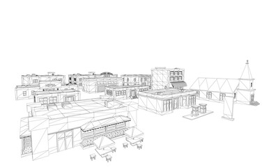 A cityscape with a large building in the background. The sky is cloudy and the buildings are tall