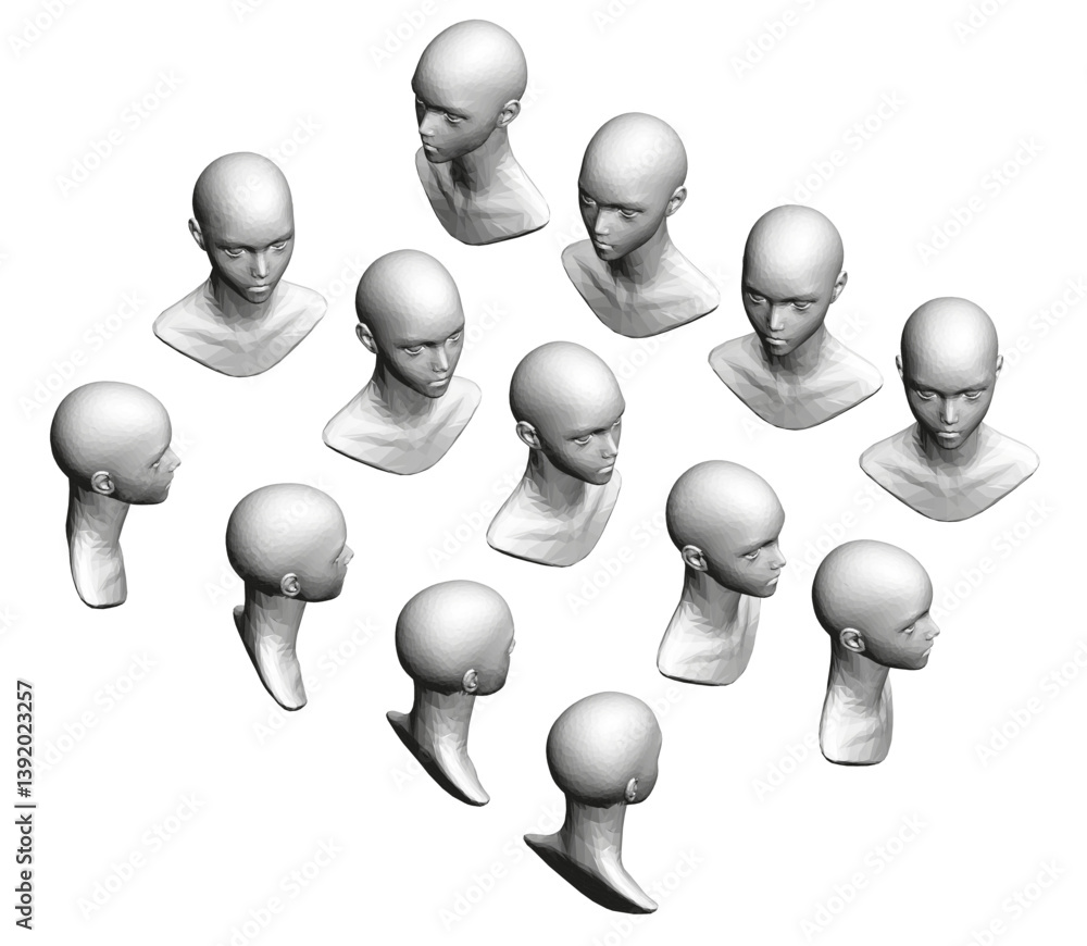 Poster a collection of white heads in a grid. the heads are all different sizes and shapes. concept of unif