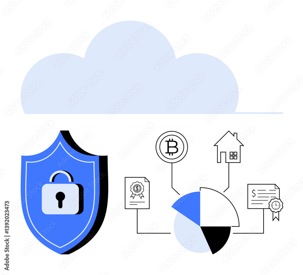 Poster shield with lock symbolizes data protection, cloud for storage, and linked elements thumbs up bitcoi
