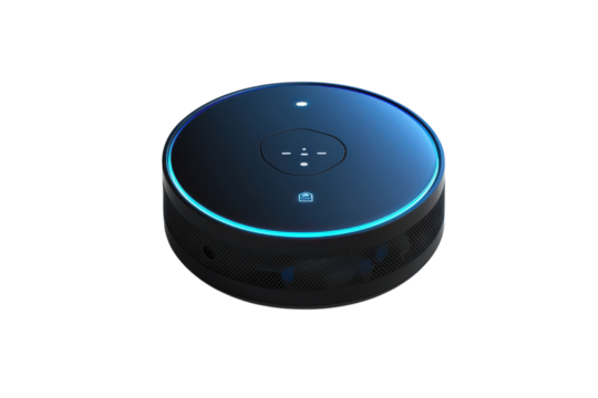Sleek black smart device with cyan light futuristic design modern technology voice assistant home isolated on transparent background - Powered by Adobe