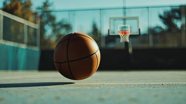 Outdoor basketball court; ball in motion, hoop in background