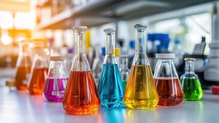 Colorful beakers filled with liquids in a laboratory setting (2)