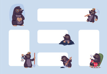 Mole banners. vector web banners templates with funny mascots mole in different poses