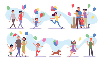 Holding balloons. Kids and adults with colorful big balloons exact vector happy people