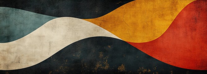 This mural presents a striking geometric design with sharp edges and flowing curves, featuring a mix of colors like blue, yellow, and red