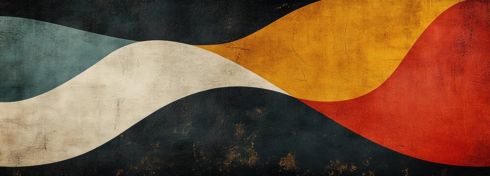 This mural presents a striking geometric design with sharp edges and flowing curves, featuring a mix of colors like blue, yellow, and red