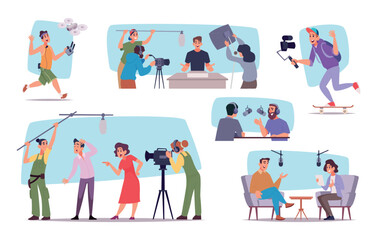 Fototapeta premium Movie production. Media assistants and professional cameraman videographers sound producers exact vector video production team