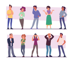 Confused people. Characters standing and uncertain thinking exact vector persons with thoughtful expression