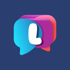 Naklejka premium Letter L chat app logo at colorful watercolor splash background. Color multiply style. Bubble speech vector typeface for labels, headlines, posters, cards etc.