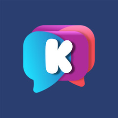 Letter K chat app logo at colorful watercolor splash background. Color multiply style. Bubble speech vector typeface for labels, headlines, posters, cards etc.