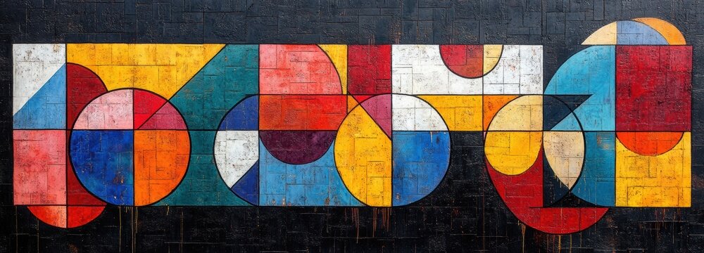 A striking mural showcases vibrant shapes and bold primary colors on a textured black background, enhancing the urban landscape. This artistic piece invites engagement from passersby