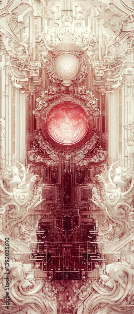 Poster abstract symmetrical design with a central red circle and muted color palette.