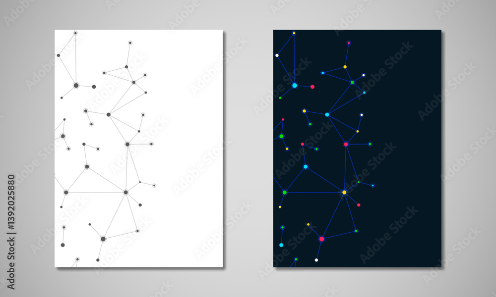 Poster vector template for brochure or cover with molecular structure background and connected lines and do
