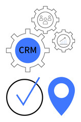 CRM inside gear, smaller gears with team and graph, blue checkmark, and location pin. Ideal for business management, analytics, team coordination, task tracking, customer service geography flat