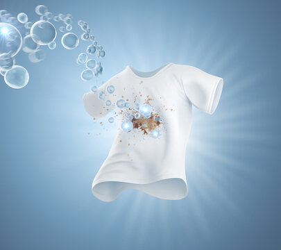 White casual shirts washed in clean water and stain removal with liquid bubble, Detergent cleaner, 3d rendering.